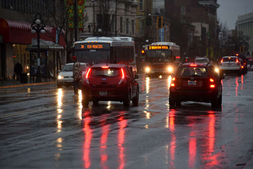 Douglas Street traffic in the rain, Victoria, BC 2015