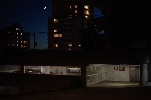 Parking Garage and crescent moon, Bute Street, Vancouver, Britis